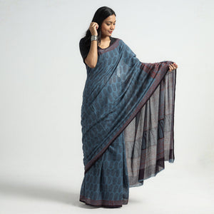 Blue - Bagh Hand Block Printed Cotton Saree