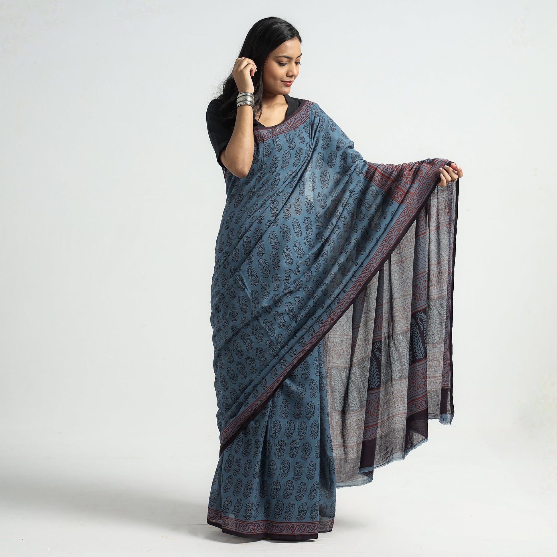 Blue - Bagh Hand Block Printed Cotton Saree