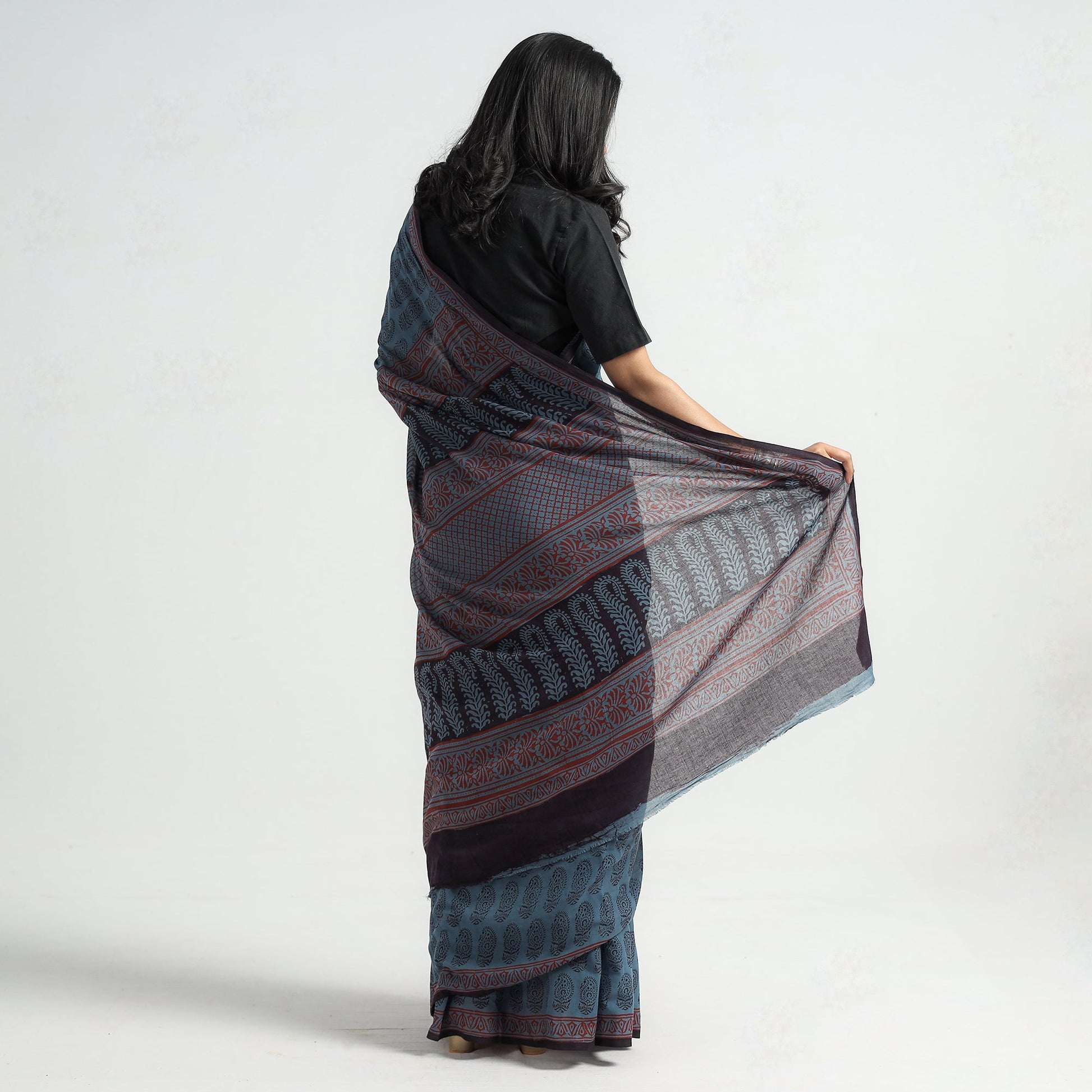 Blue - Bagh Hand Block Printed Cotton Saree