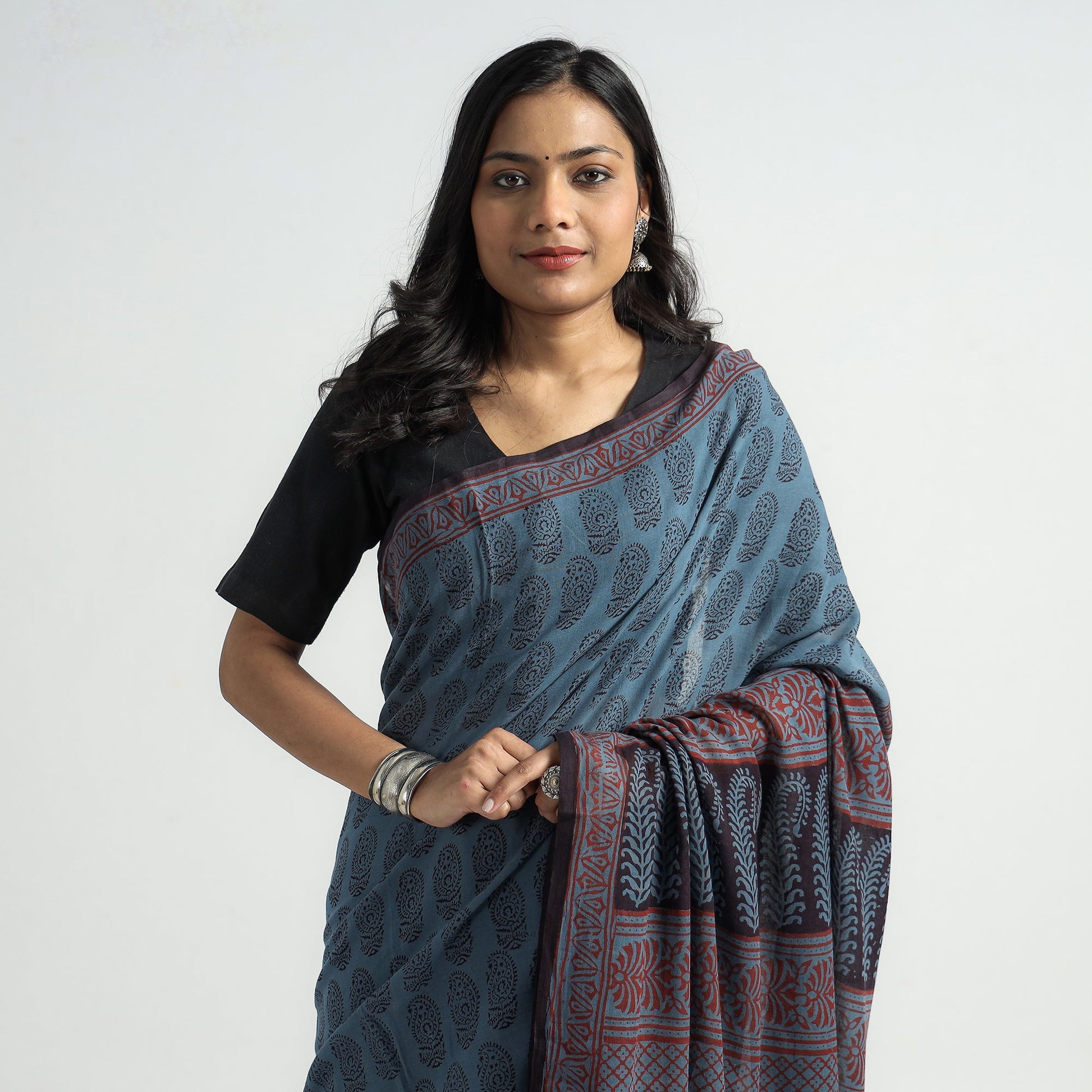 Blue - Bagh Hand Block Printed Cotton Saree