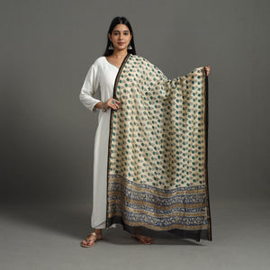 Beige - Block Printed Chanderi Silk Sanganeri Dupatta 01