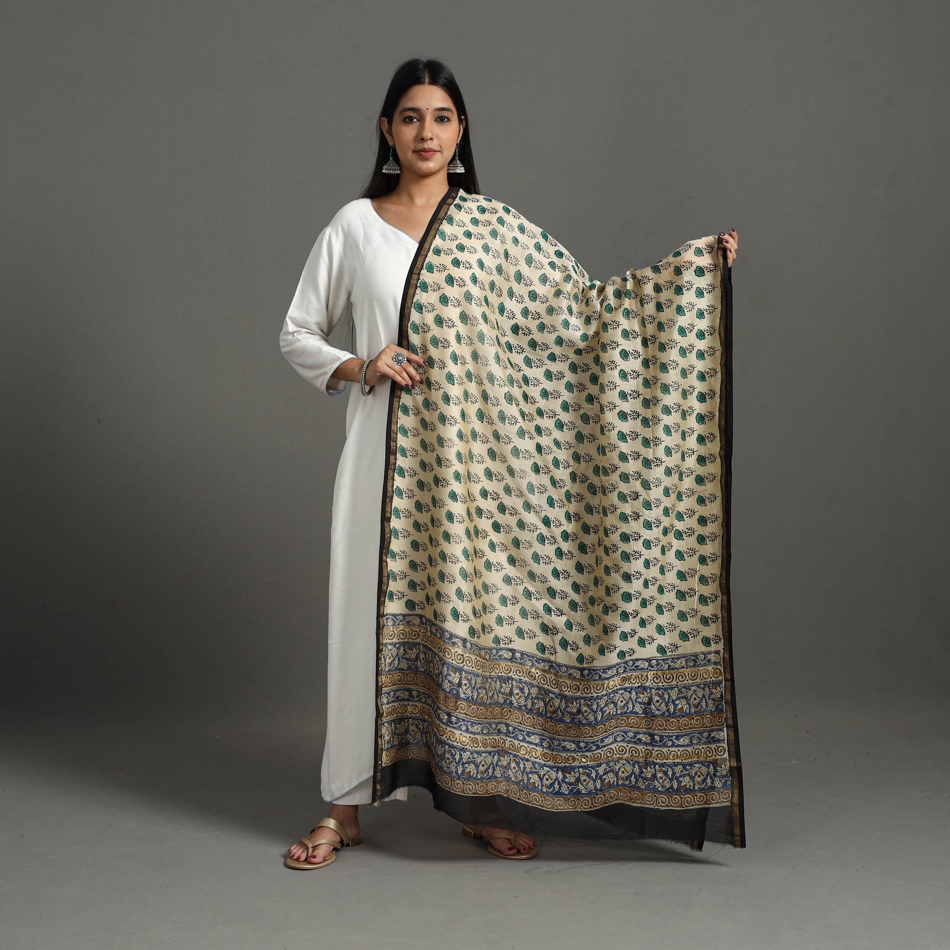Beige - Block Printed Chanderi Silk Sanganeri Dupatta 01