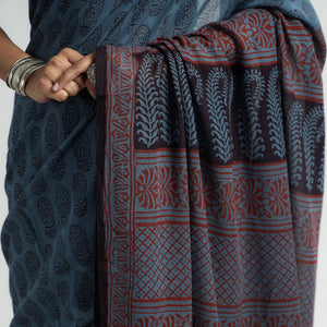 Blue - Bagh Hand Block Printed Cotton Saree