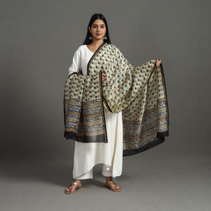 Beige - Block Printed Chanderi Silk Sanganeri Dupatta 01