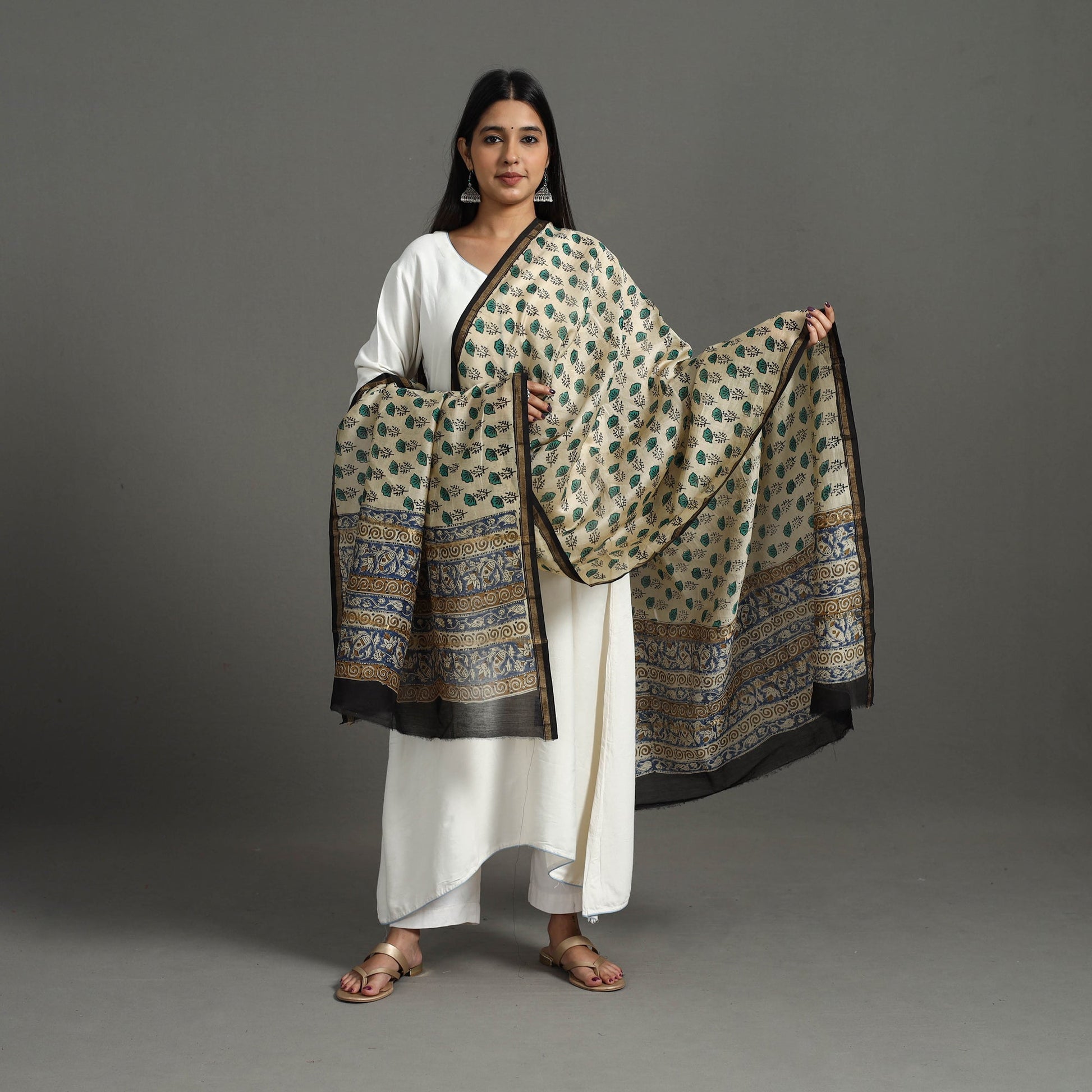 Beige - Block Printed Chanderi Silk Sanganeri Dupatta 01