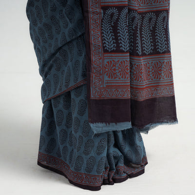 Blue - Bagh Hand Block Printed Cotton Saree