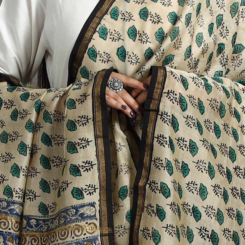 Beige - Block Printed Chanderi Silk Sanganeri Dupatta 01