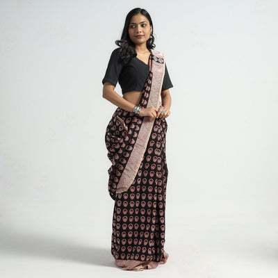 Black - Bagh Hand Block Printed Natural Dyed Chanderi Silk Saree