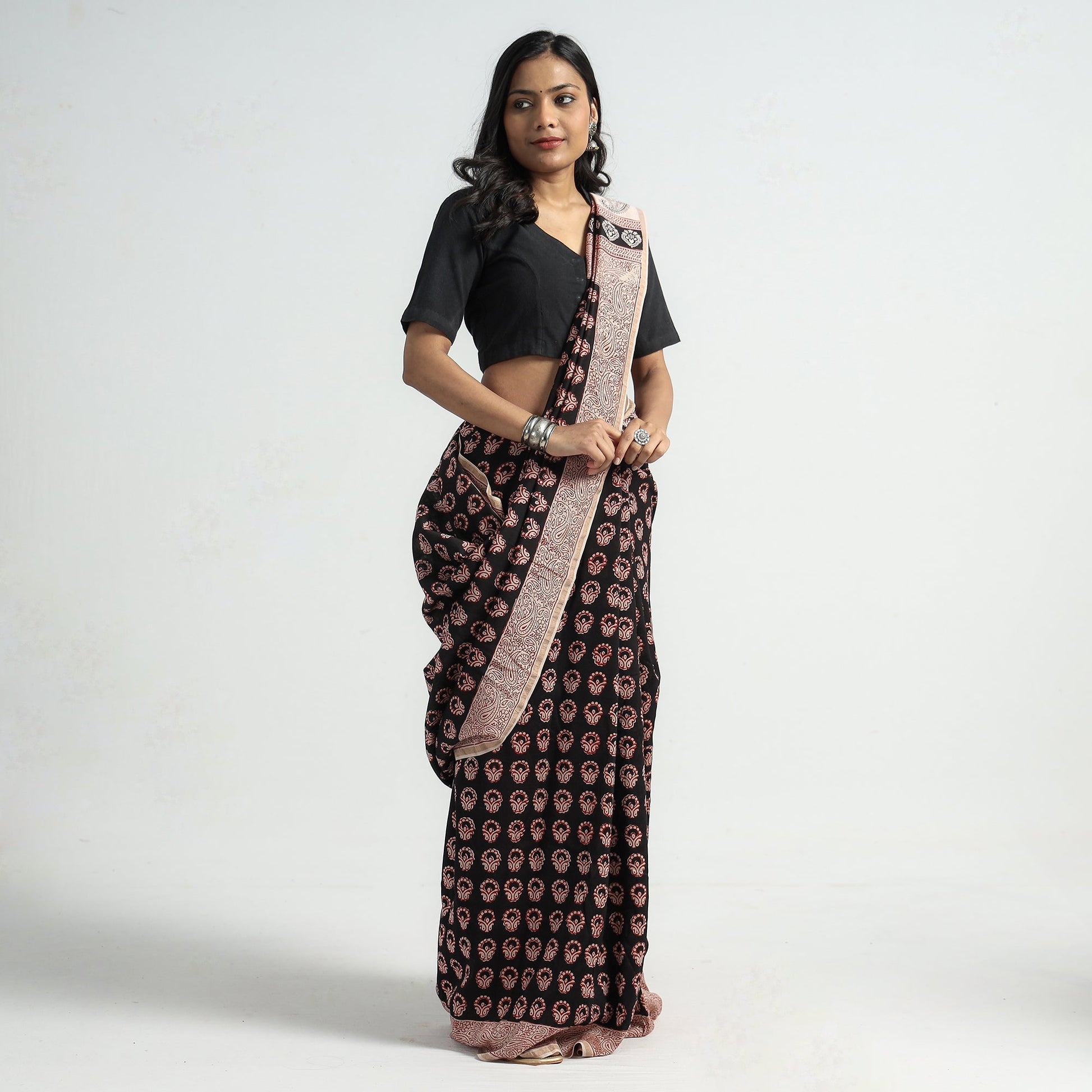 Black - Bagh Hand Block Printed Natural Dyed Chanderi Silk Saree