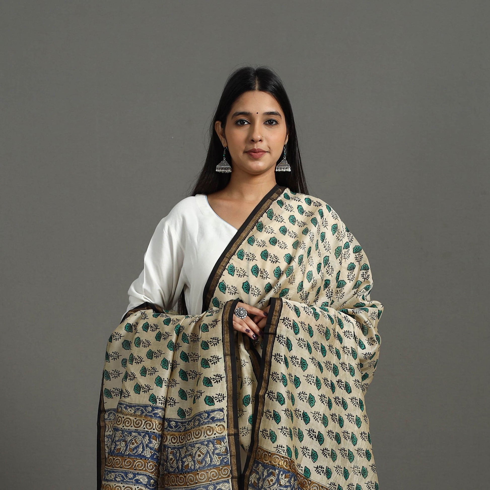 Beige - Block Printed Chanderi Silk Sanganeri Dupatta 01