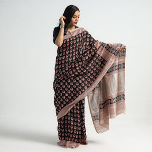 Black - Bagh Hand Block Printed Natural Dyed Chanderi Silk Saree