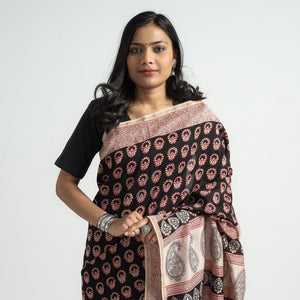 Black - Bagh Hand Block Printed Natural Dyed Chanderi Silk Saree