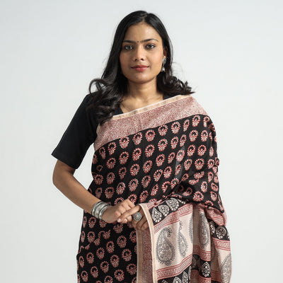 Black - Bagh Hand Block Printed Natural Dyed Chanderi Silk Saree
