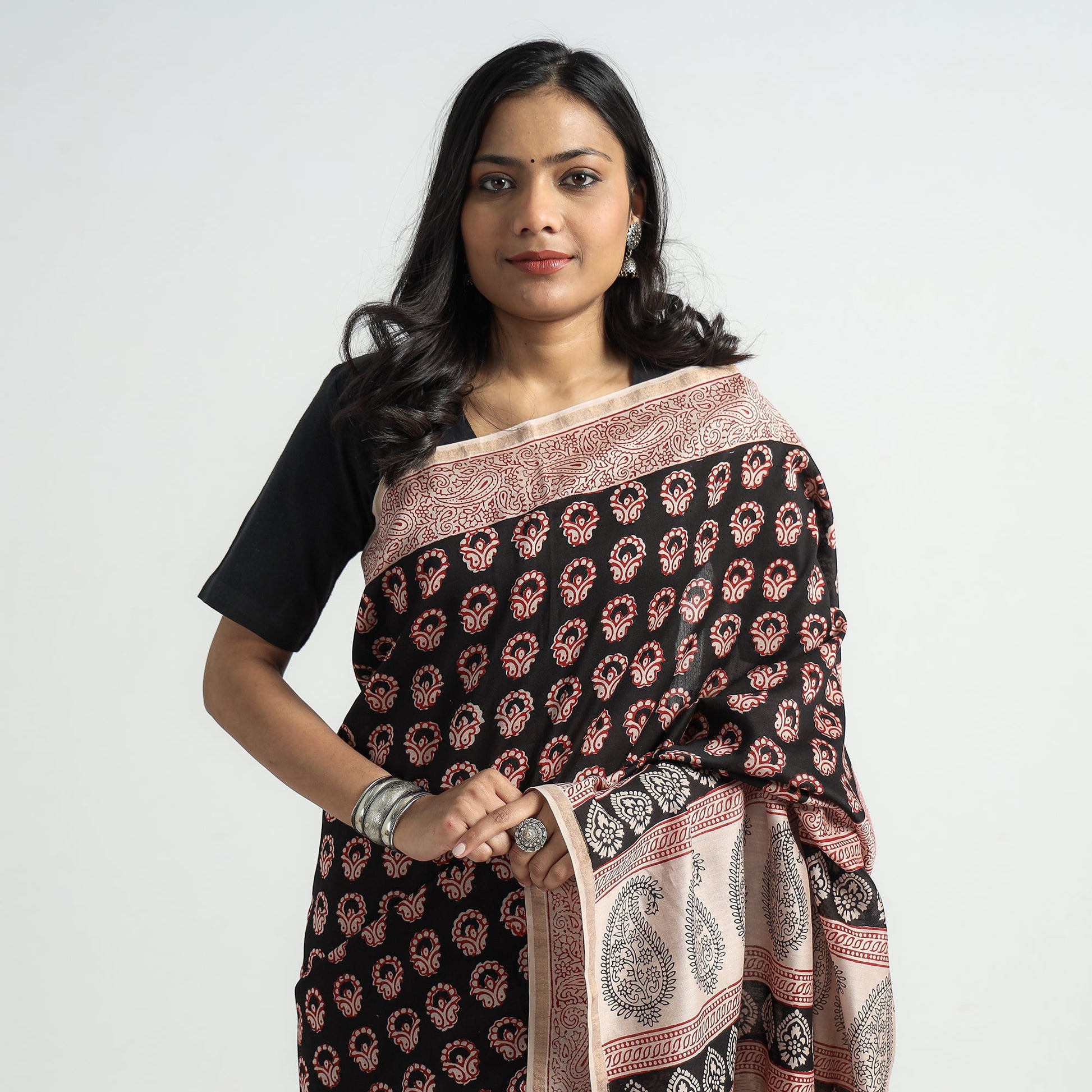 Black - Bagh Hand Block Printed Natural Dyed Chanderi Silk Saree