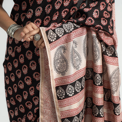 Black - Bagh Hand Block Printed Natural Dyed Chanderi Silk Saree