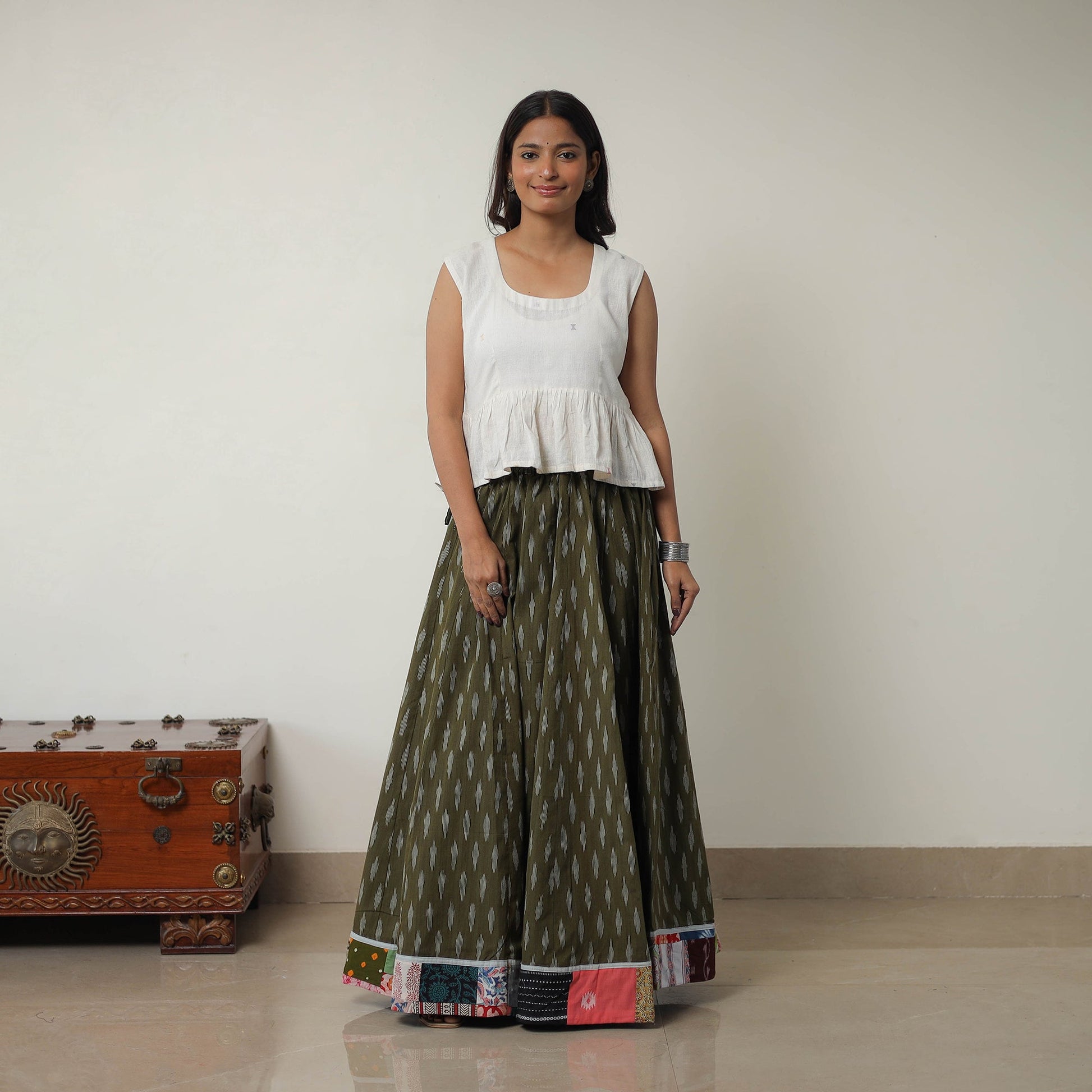 Green - 24 Kali Cotton Pochampally Ikat Skirt 09