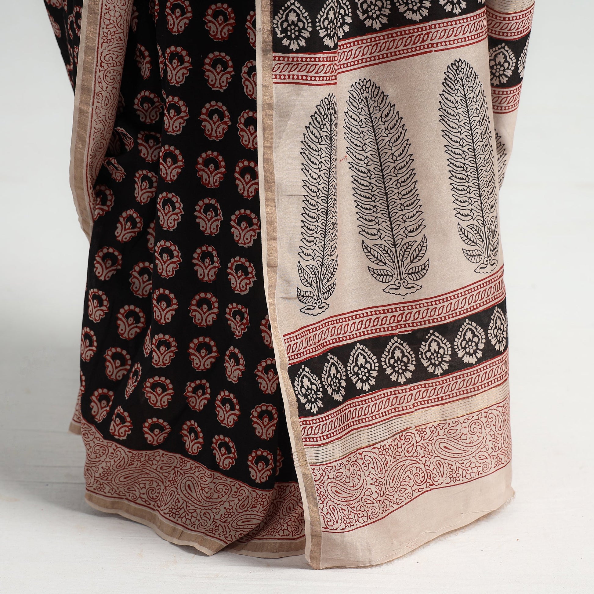 Black - Bagh Hand Block Printed Natural Dyed Chanderi Silk Saree