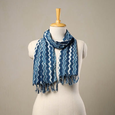 Blue - Block Print Cotton Bagru Stole with Tassels 119