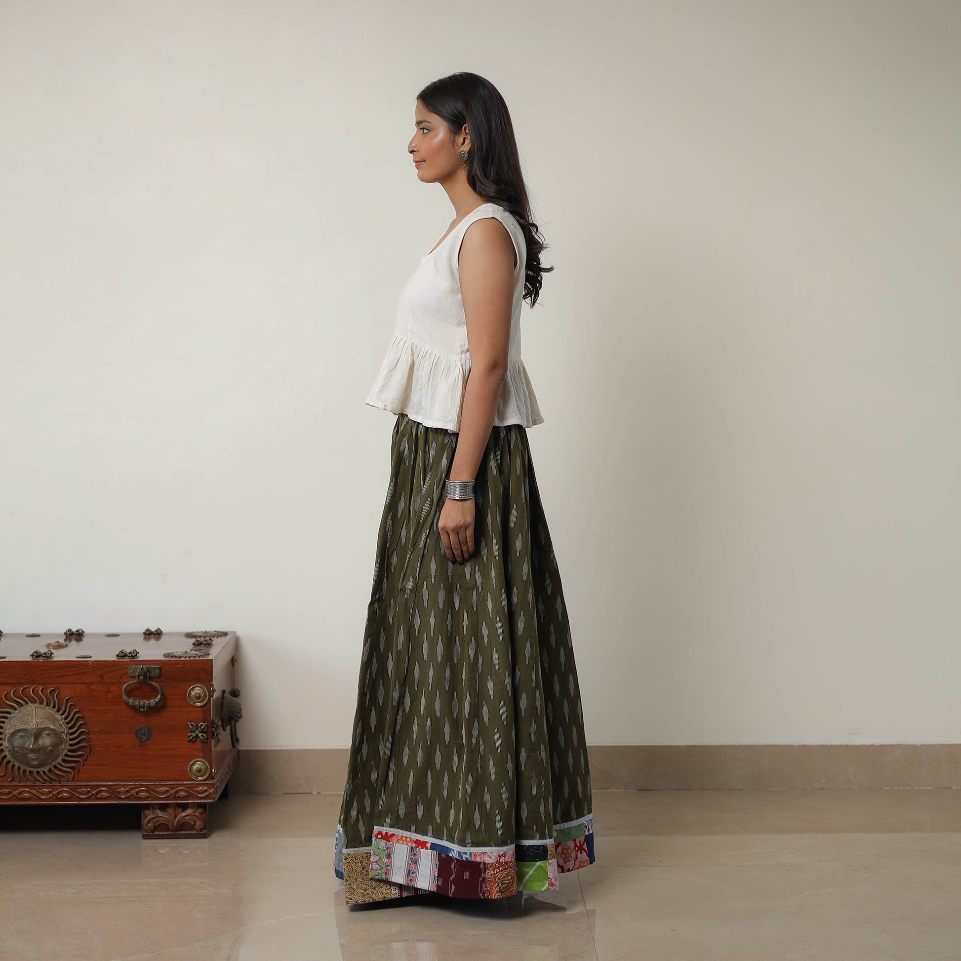 Green - 24 Kali Cotton Pochampally Ikat Skirt 09
