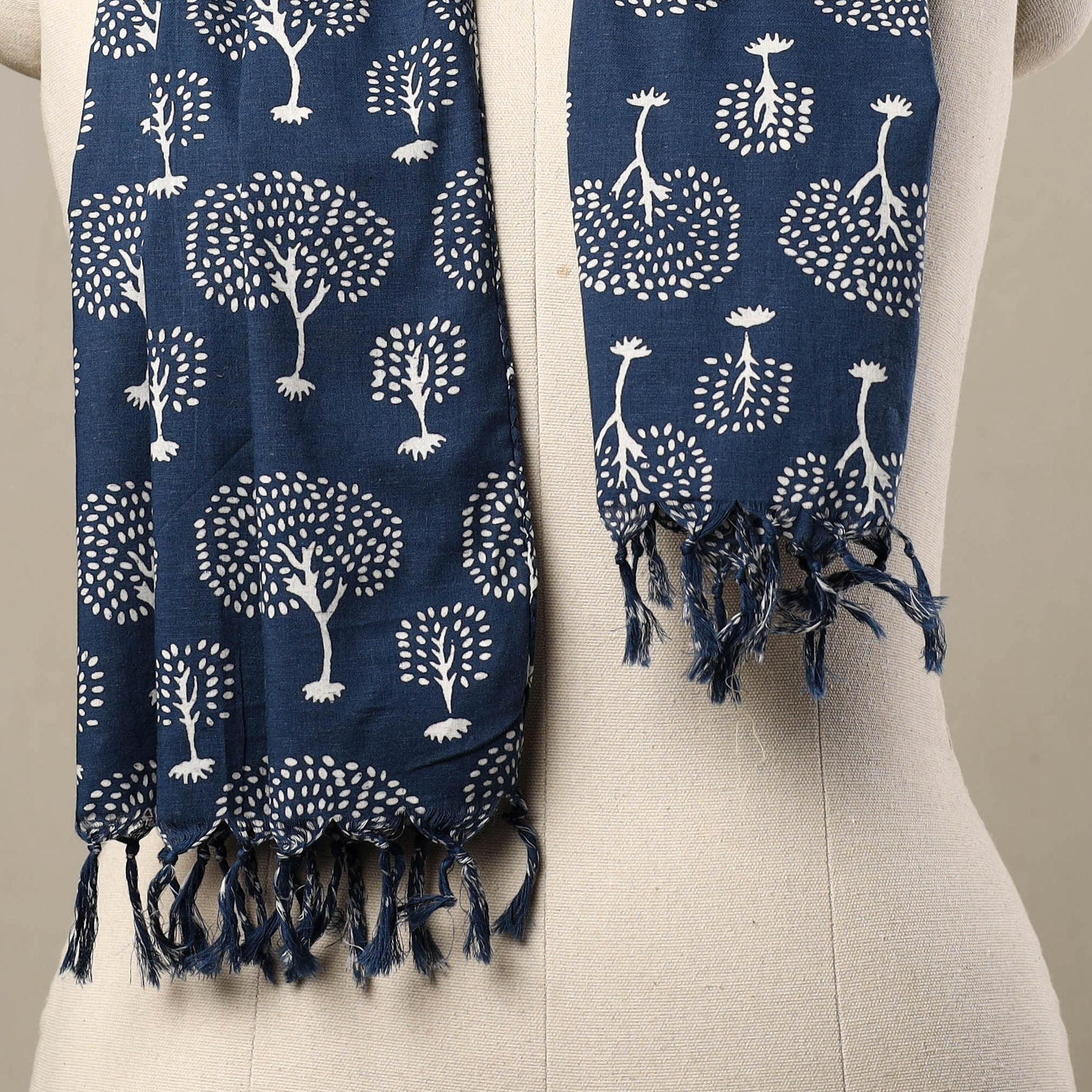 Blue - Block Print Cotton Sanganeri Stole with Tassels 120
