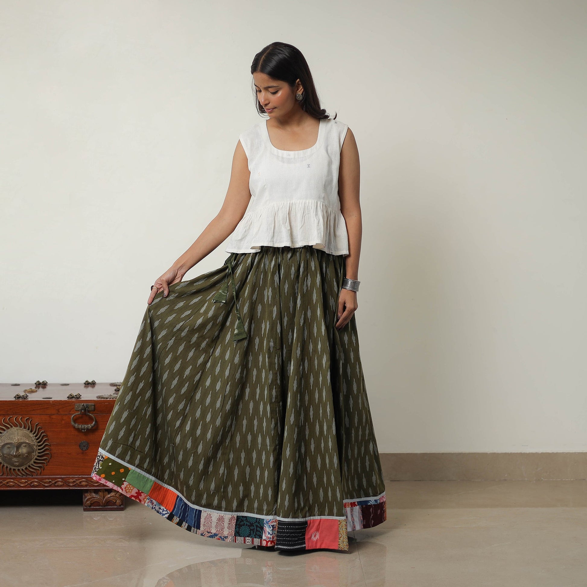 Green - 24 Kali Cotton Pochampally Ikat Skirt 09