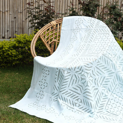 Blue - Barmer Applique Cutwork Cotton Single Bed cover (93 x 60 in)