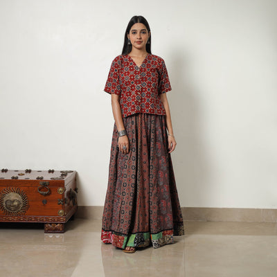 Brown - 24 Kali Patchwork Block Printed Cotton Ajrakh Skirt 12