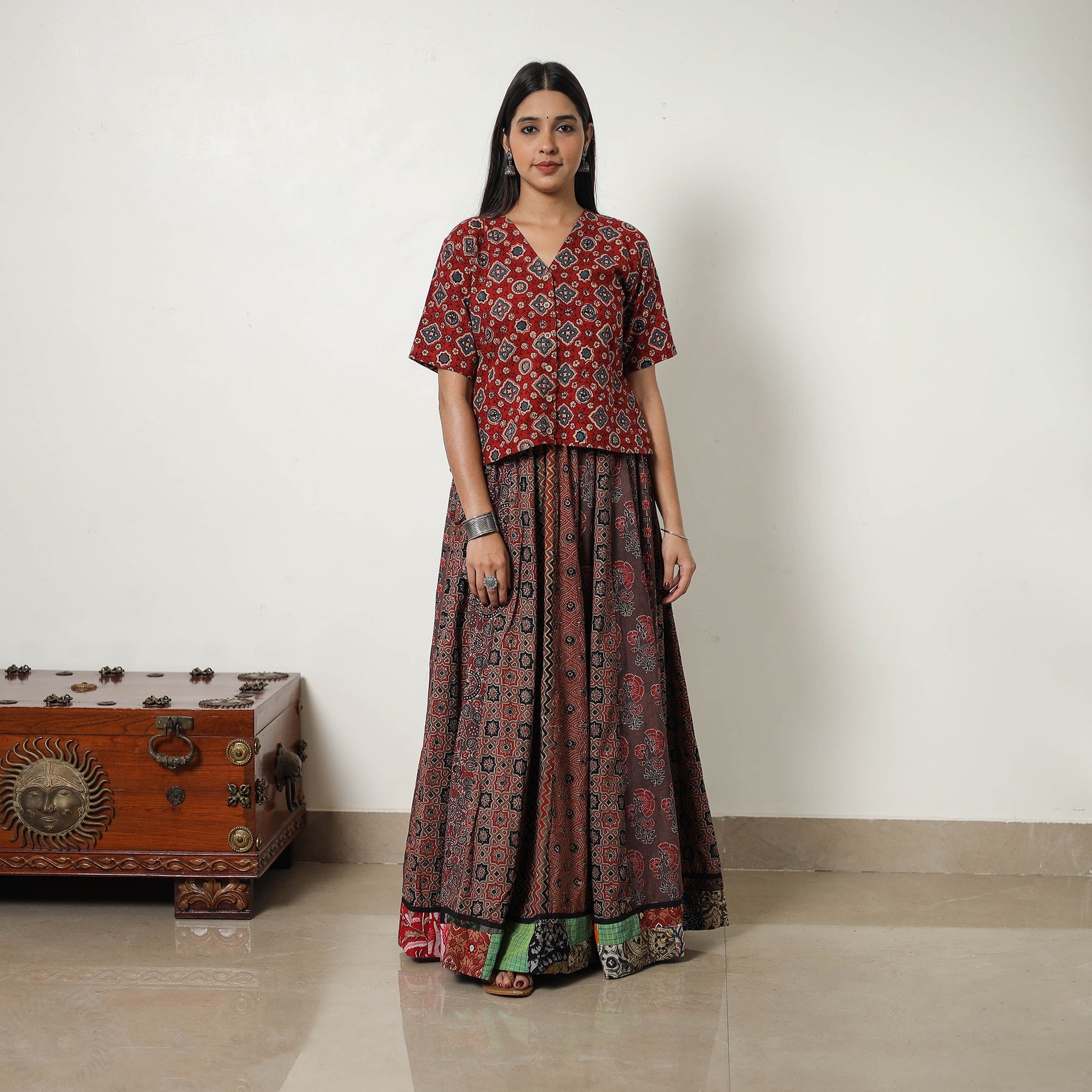 Brown - 24 Kali Patchwork Block Printed Cotton Ajrakh Skirt 12