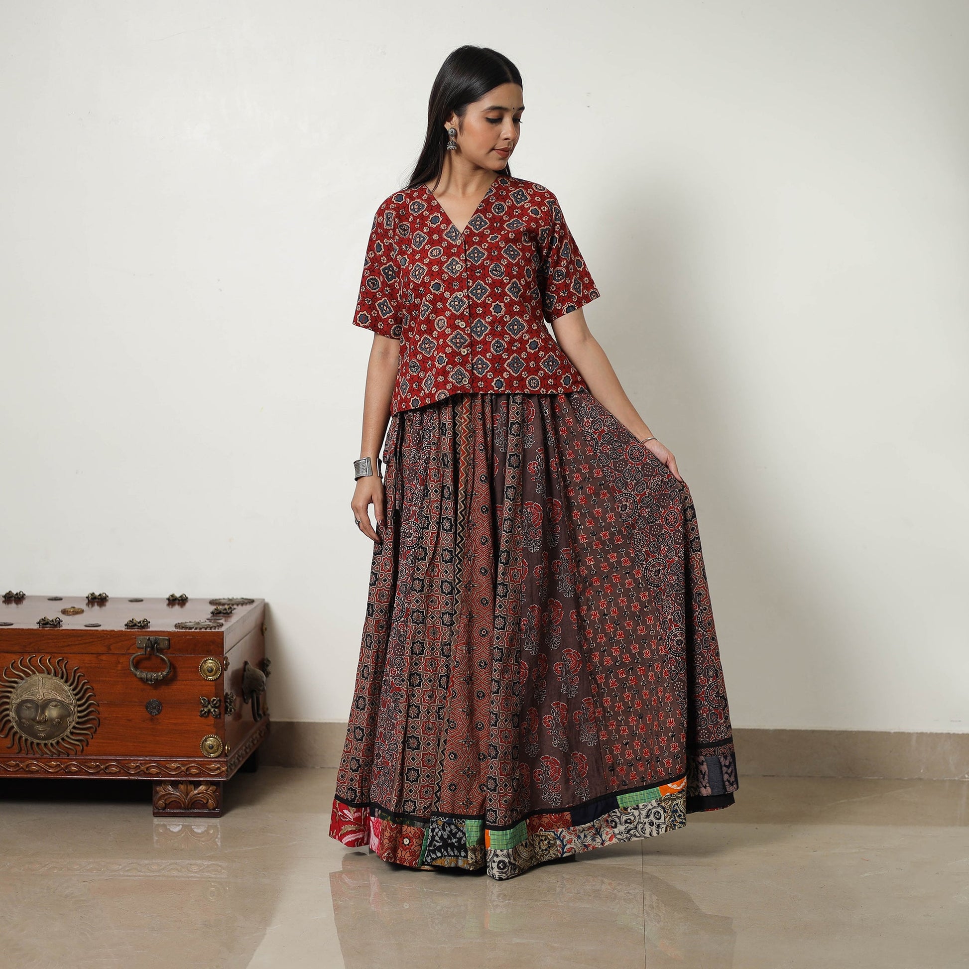 Brown - 24 Kali Patchwork Block Printed Cotton Ajrakh Skirt 12