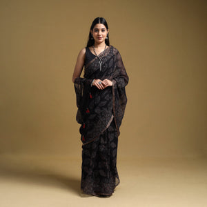 Black - Natural Dyed Block Print Kota Doria Cotton Ajrakh Saree 16
