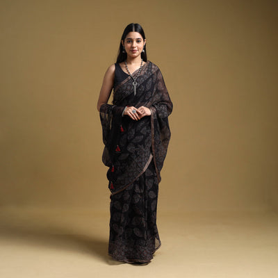 Black - Natural Dyed Block Print Kota Doria Cotton Ajrakh Saree 16