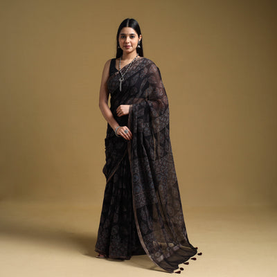 Black - Natural Dyed Block Print Kota Doria Cotton Ajrakh Saree 16
