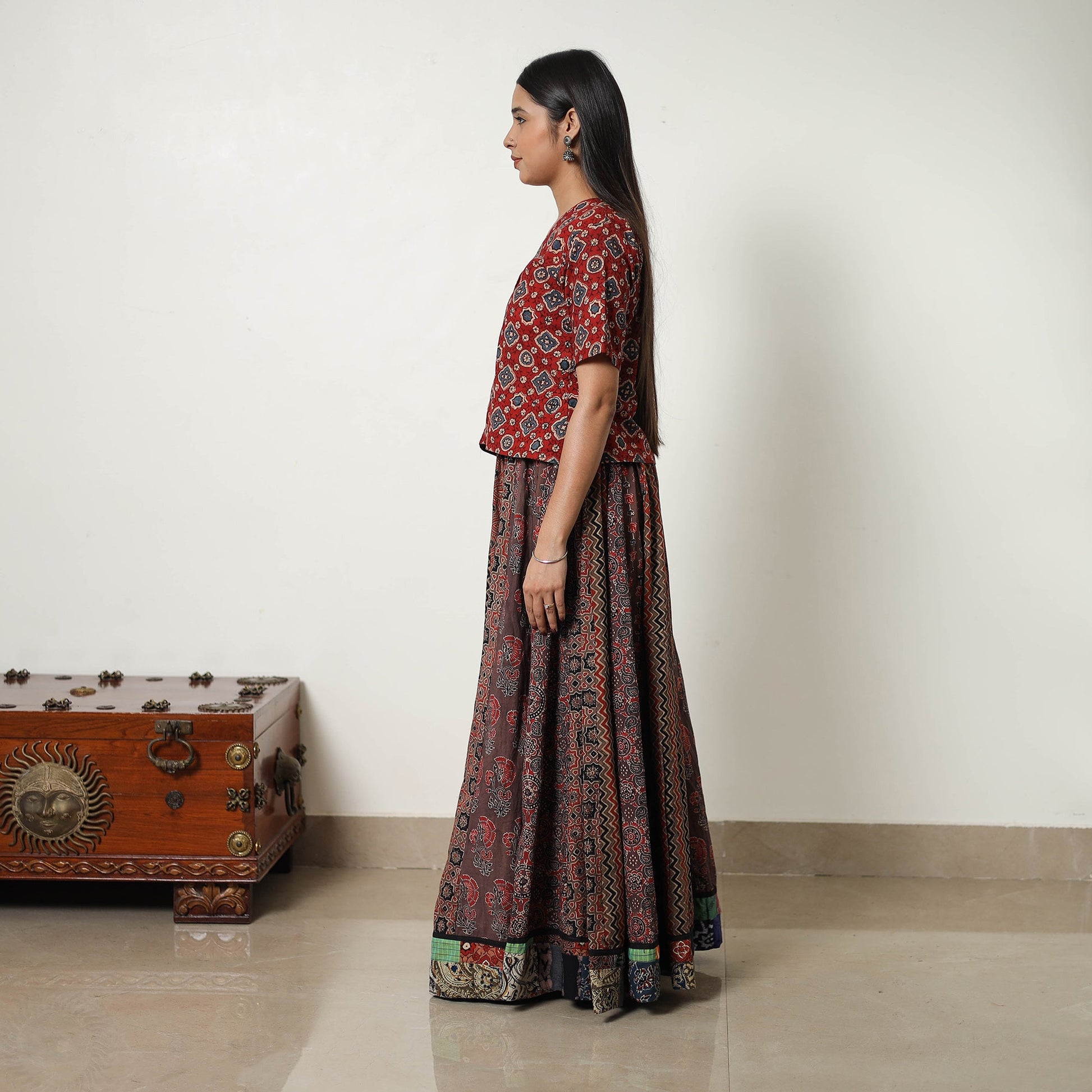 Brown - 24 Kali Patchwork Block Printed Cotton Ajrakh Skirt 12