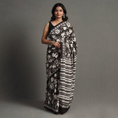 Black - Bagru Block Printed Mul Cotton Saree