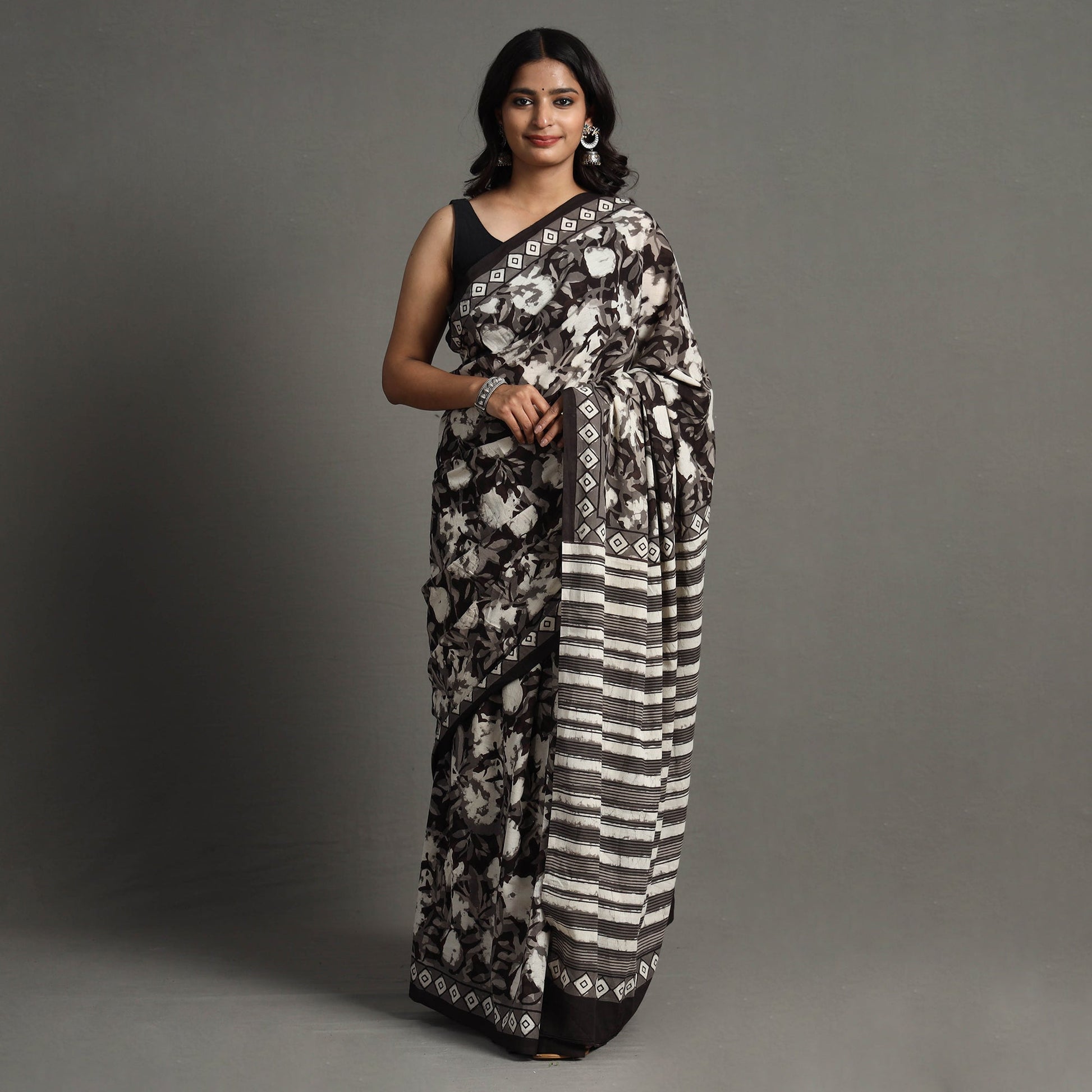 Black - Bagru Block Printed Mul Cotton Saree