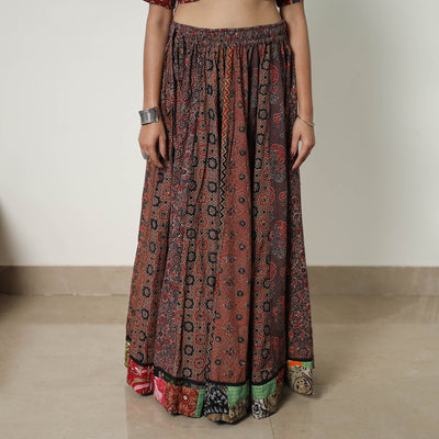 Brown - 24 Kali Patchwork Block Printed Cotton Ajrakh Skirt 12