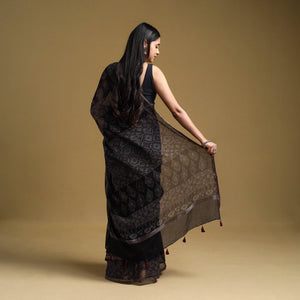 Black - Natural Dyed Block Print Kota Doria Cotton Ajrakh Saree 16