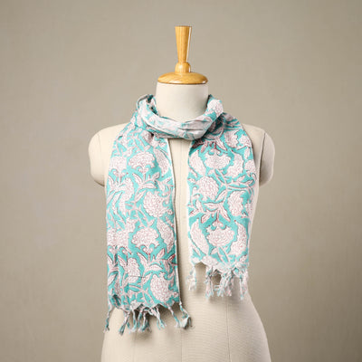 Blue - Block Print Cotton Sanganeri Stole with Tassels 124