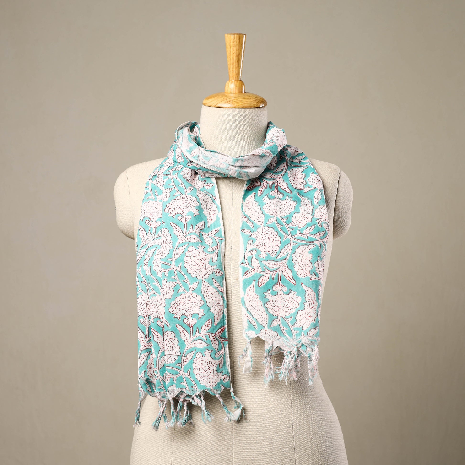 Blue - Block Print Cotton Sanganeri Stole with Tassels 124