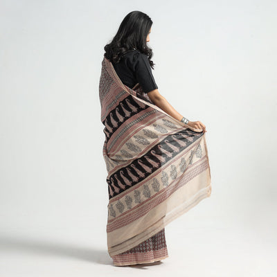 Black - Bagh Hand Block Printed Natural Dyed Chanderi Silk Saree