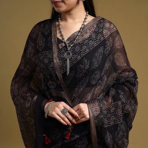 Black - Natural Dyed Block Print Kota Doria Cotton Ajrakh Saree 16