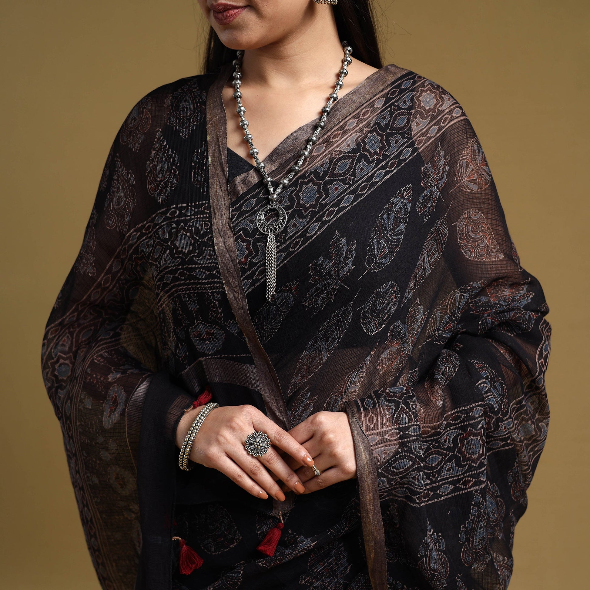 Black - Natural Dyed Block Print Kota Doria Cotton Ajrakh Saree 16