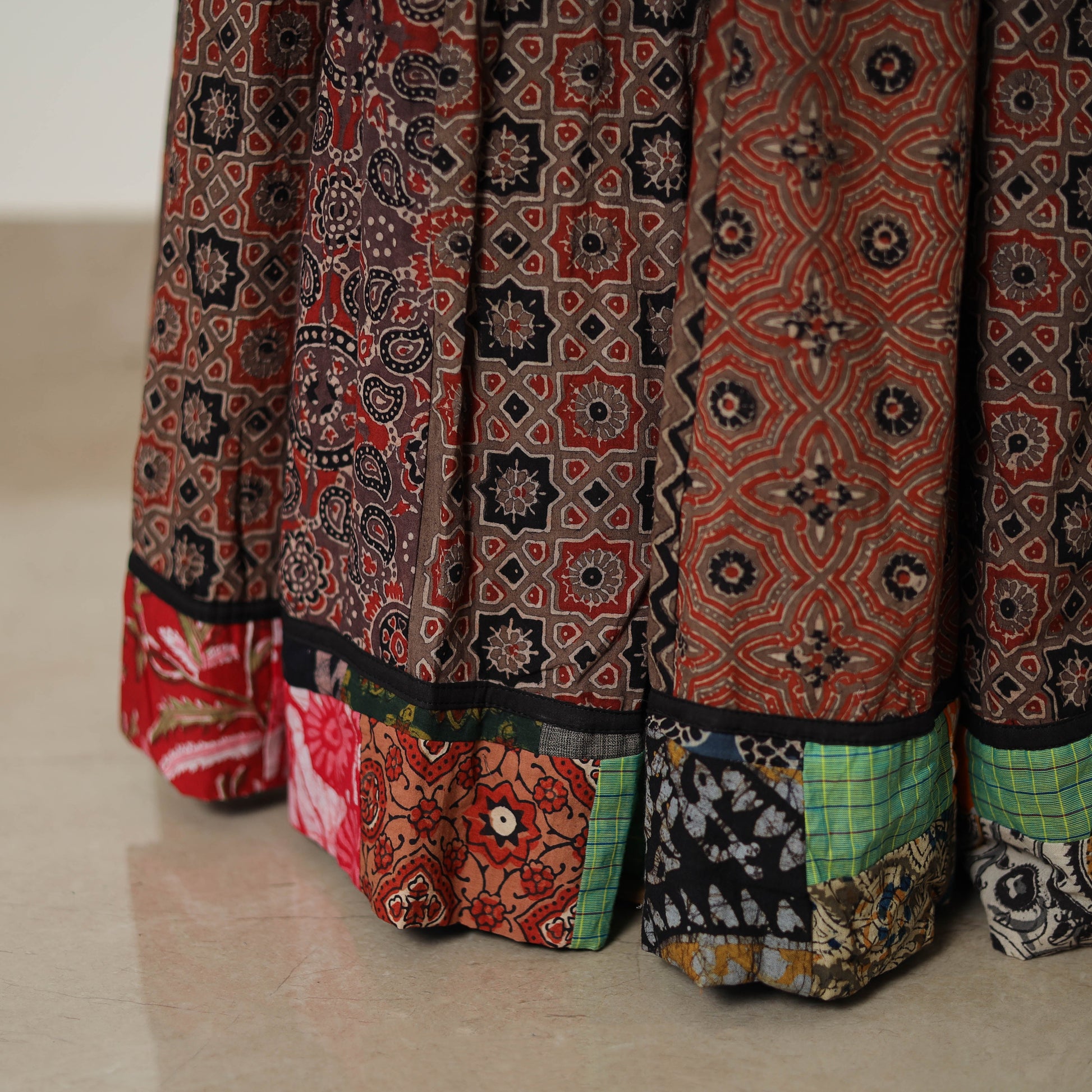 Brown - 24 Kali Patchwork Block Printed Cotton Ajrakh Skirt 12