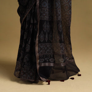 Black - Natural Dyed Block Print Kota Doria Cotton Ajrakh Saree 16