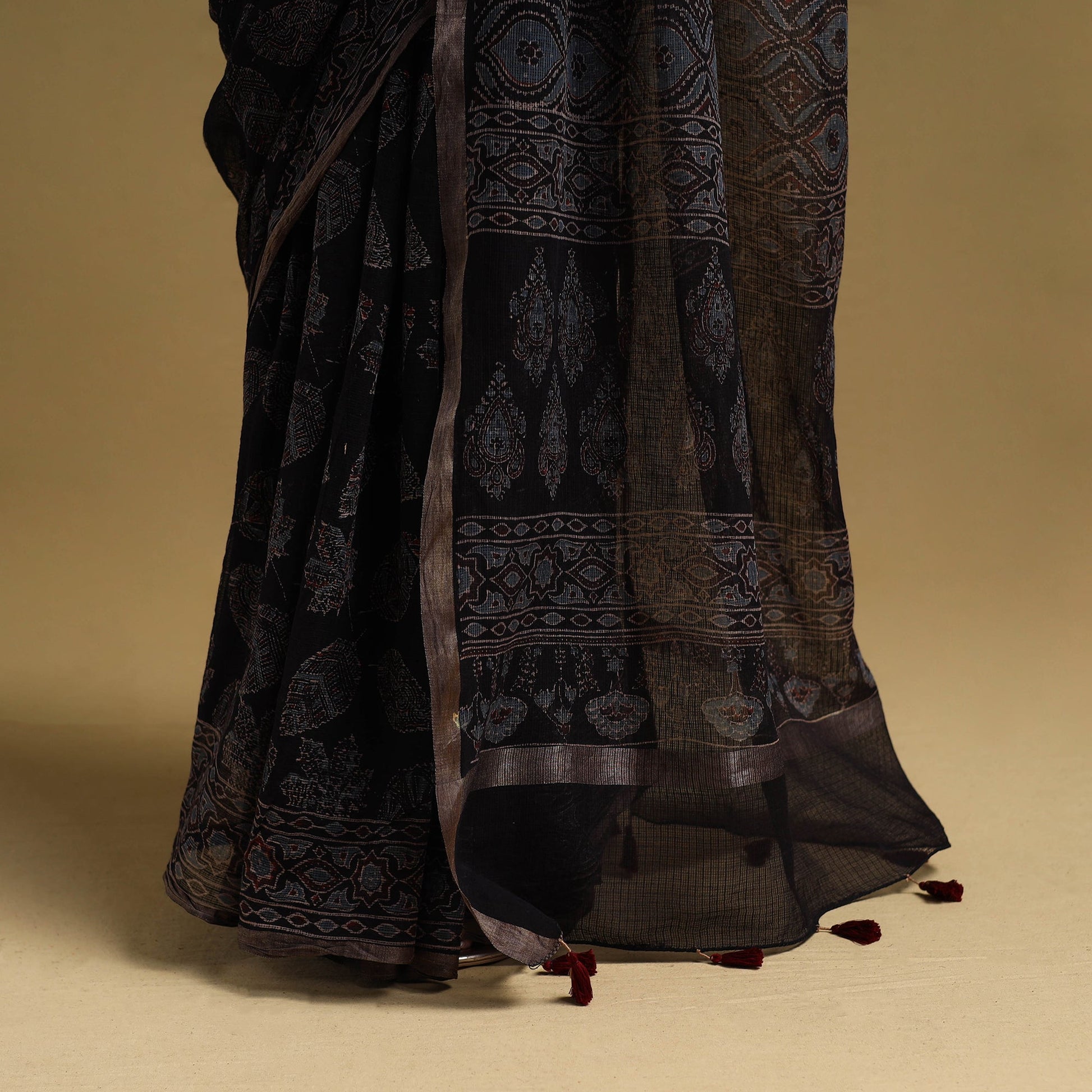 Black - Natural Dyed Block Print Kota Doria Cotton Ajrakh Saree 16