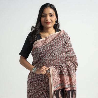 Black - Bagh Hand Block Printed Natural Dyed Chanderi Silk Saree