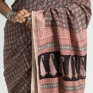 Black - Bagh Hand Block Printed Natural Dyed Chanderi Silk Saree