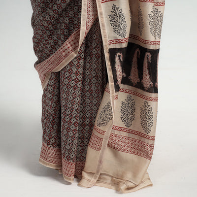 Black - Bagh Hand Block Printed Natural Dyed Chanderi Silk Saree