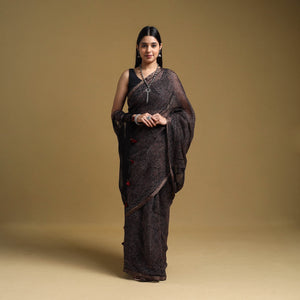 Black -  Natural Dyed Block Print Kota Doria Cotton Ajrakh Saree 17