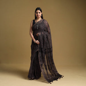 Black -  Natural Dyed Block Print Kota Doria Cotton Ajrakh Saree 17